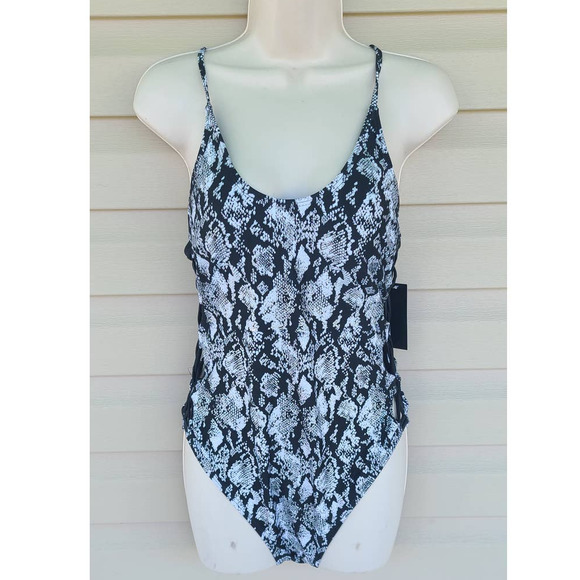 NWT Ibiza Black Leopard Print Metallic Side Knotted One Piece Swimsuit Medium - Picture 6 of 12